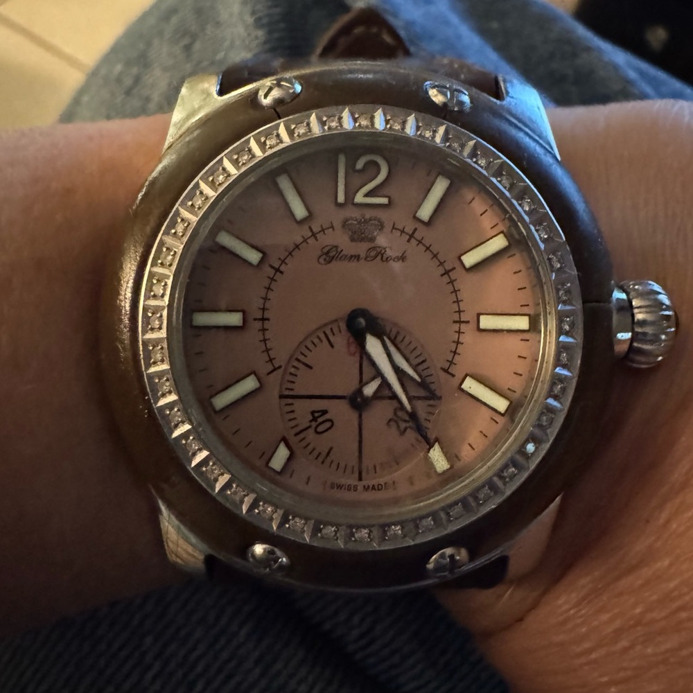 Glam Rock Diamond Watch with Brown Leather Band NWOT